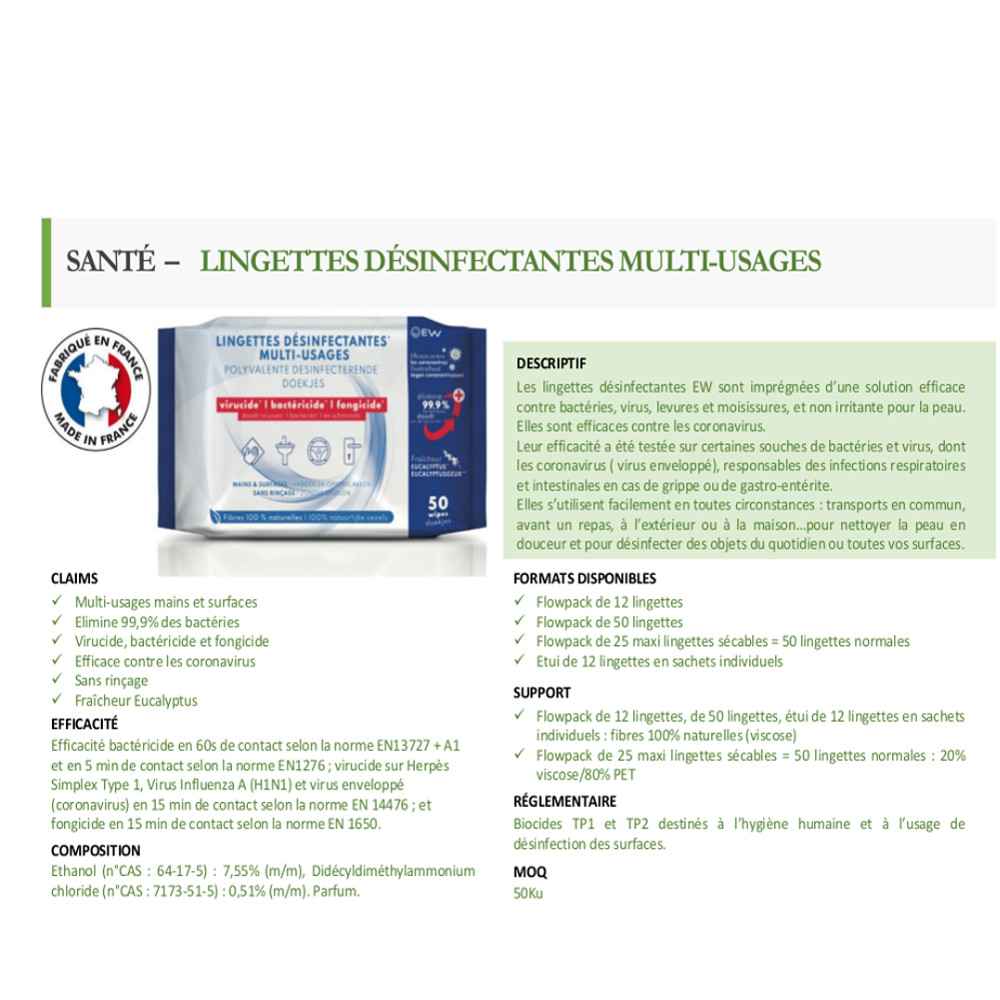 HYGIENE - EUROWIPE2 - LINGETTES - DESINFECTANTES - EUROWIPES - COVID - 19 - CORONAVIRUS - GROSSISTE - ESTHETIQUE - LYSOR - LIANE Fiche marketing -EUROWIPE2 lingettes désinfectantes multi-usages FR
